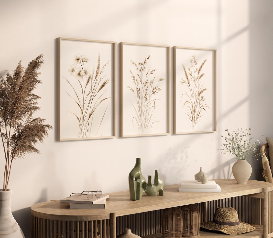 Beige Botanical Line Art Print Set: Minimalist Floral Wall Decor
