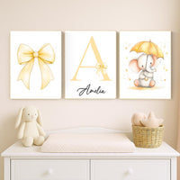 Personalized Elephant Nursery Print: Yellow Bow, Custom Name