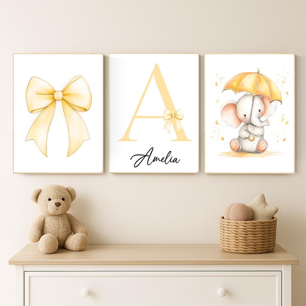 Personalized Elephant Nursery Print: Yellow Bow, Custom Name