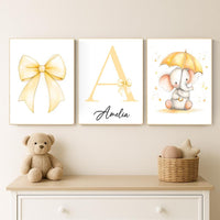 Personalized Elephant Nursery Print: Yellow Bow, Custom Name
