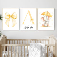 Personalized Elephant Nursery Print: Yellow Bow, Custom Name