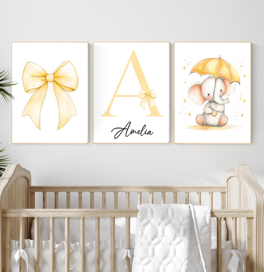 Personalized Elephant Nursery Print: Yellow Bow, Custom Name