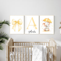 Personalized Elephant Nursery Print: Yellow Bow, Custom Name