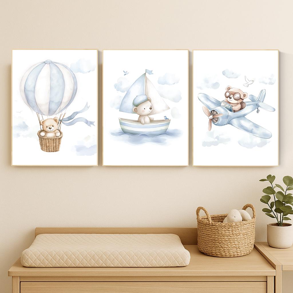 Blue Bear Nursery Art Set: Hot Air Balloon, Boat & Plane Prints