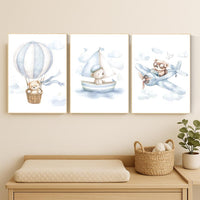 Blue Bear Nursery Art Set: Hot Air Balloon, Boat & Plane Prints