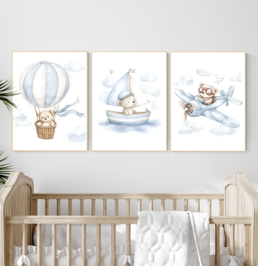 Blue Bear Nursery Art Set: Hot Air Balloon, Boat & Plane Prints