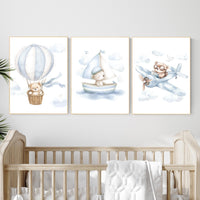 Blue Bear Nursery Art Set: Hot Air Balloon, Boat & Plane Prints
