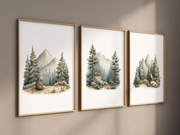 Woodland Nursery Print Set: Mountain Animals, Bear, Deer, Fox