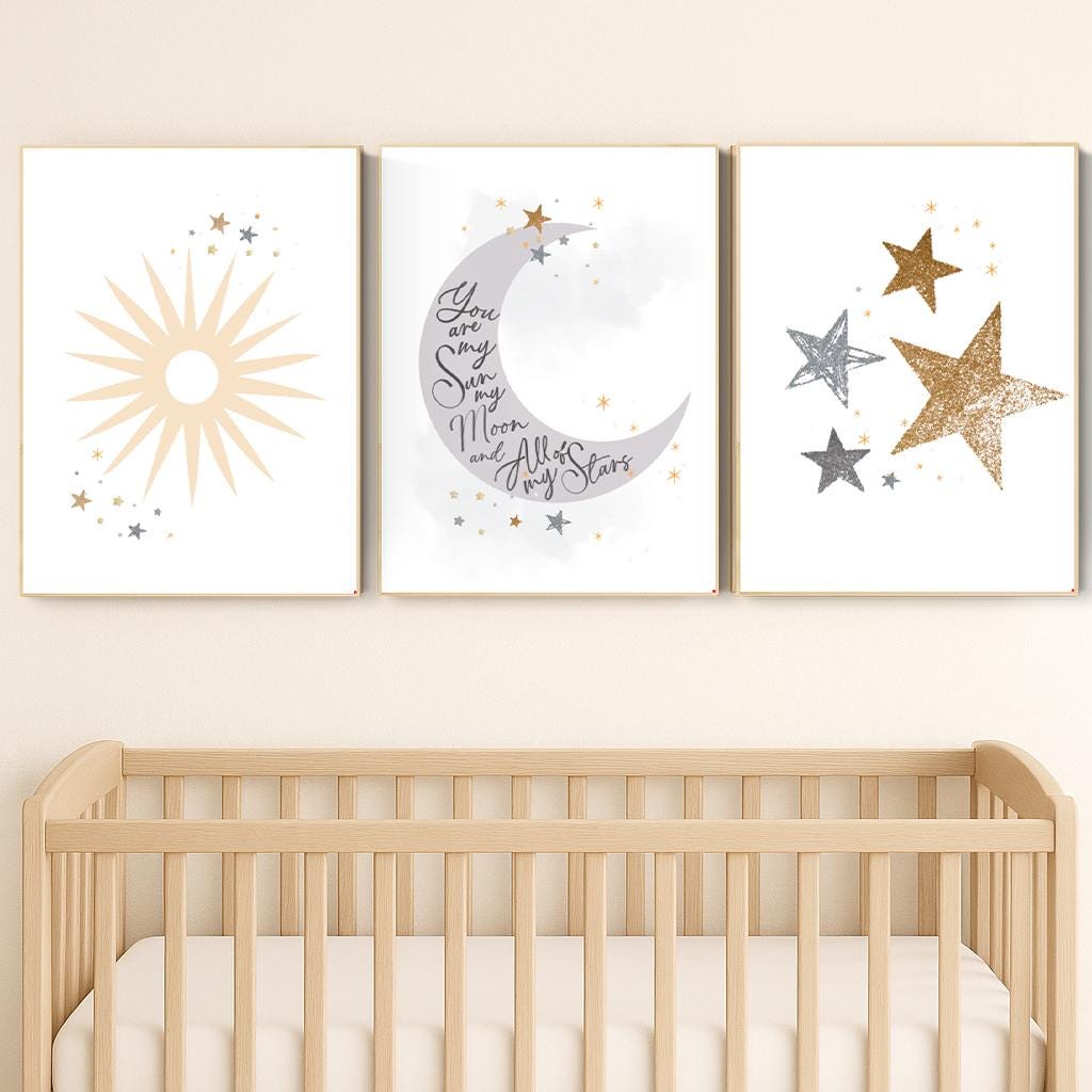 Sun Moon Stars Nursery Art Print Set: Celestial Baby Room Decor
