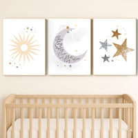 Sun Moon Stars Nursery Art Print Set: Celestial Baby Room Decor