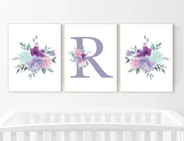 Floral Nursery Art Print: Boho Girl Room Decor, Purple Teal Flowers
