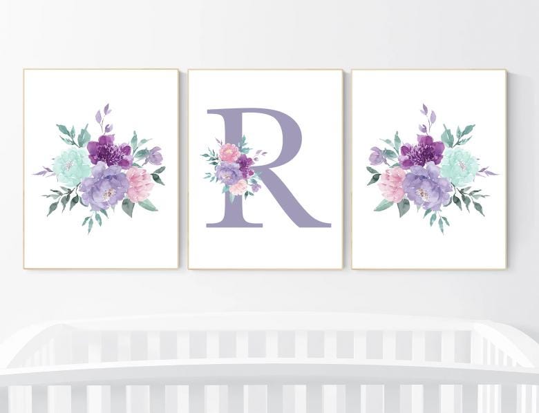 Floral Nursery Art Print: Boho Girl Room Decor, Purple Teal Flowers