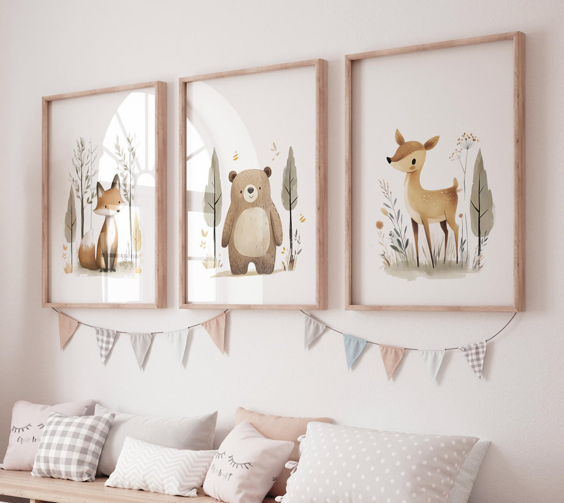 Woodland Animal Nursery Prints – Fox, Bear & Deer Wall Art – Neutral Baby Room Decor – Forest Animal Set – Unisex Nursery Wall Set