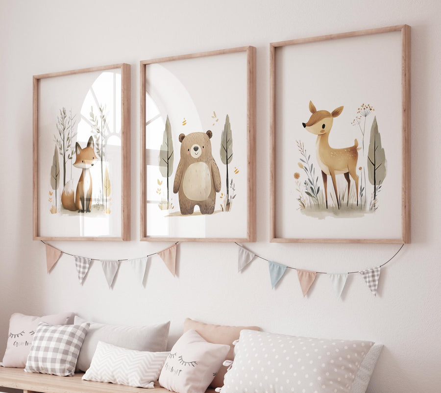 Woodland Animal Nursery Prints – Fox, Bear & Deer Wall Art – Neutral Baby Room Decor – Forest Animal Set – Unisex Nursery Wall Set