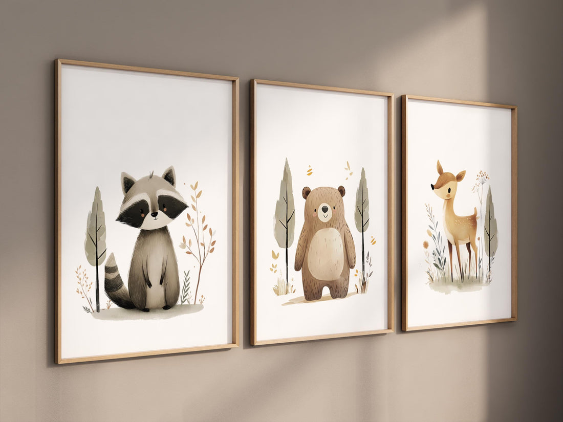 Woodland Nursery Prints: Raccoon, Bear & Deer - Neutral Animal Trio