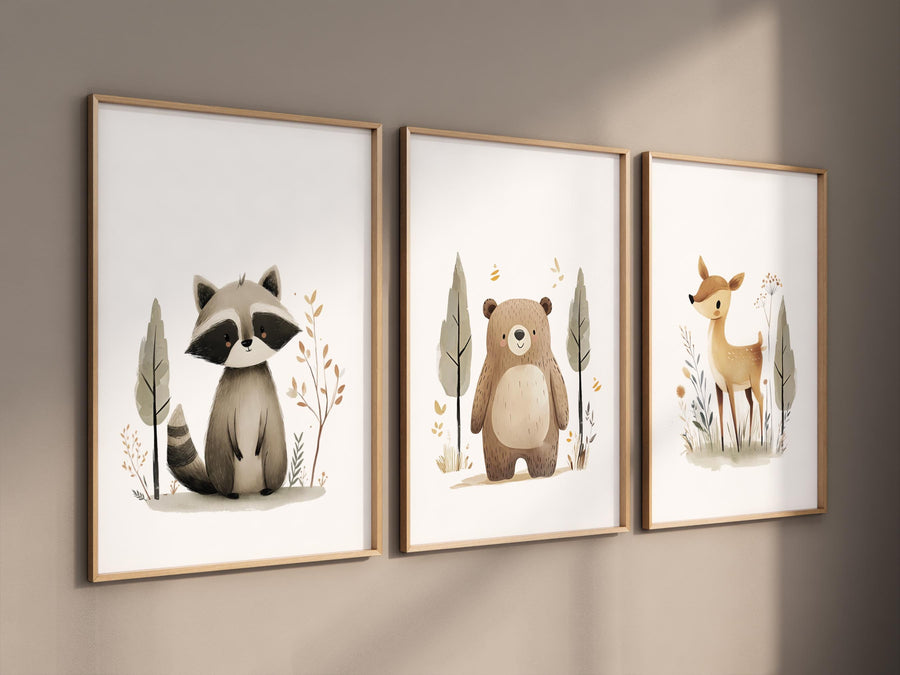 Woodland Nursery Prints: Raccoon, Bear & Deer - Neutral Animal Trio