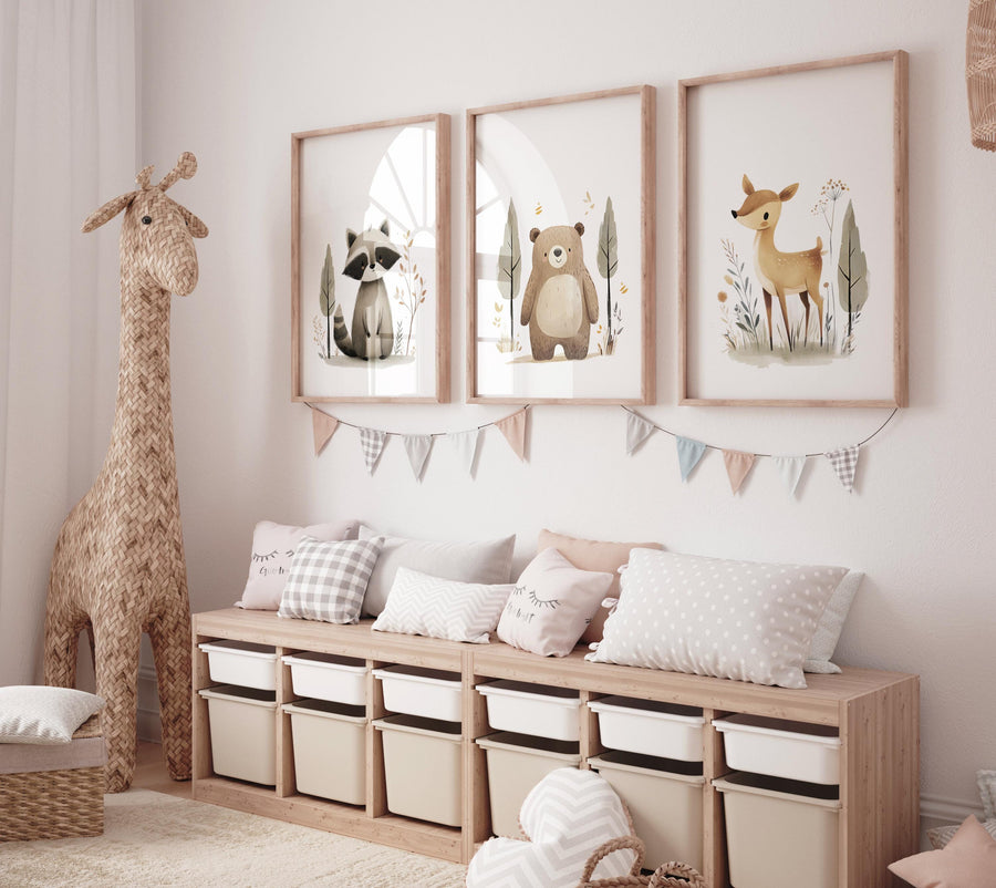 Woodland Nursery Prints: Raccoon, Bear & Deer - Neutral Animal Trio