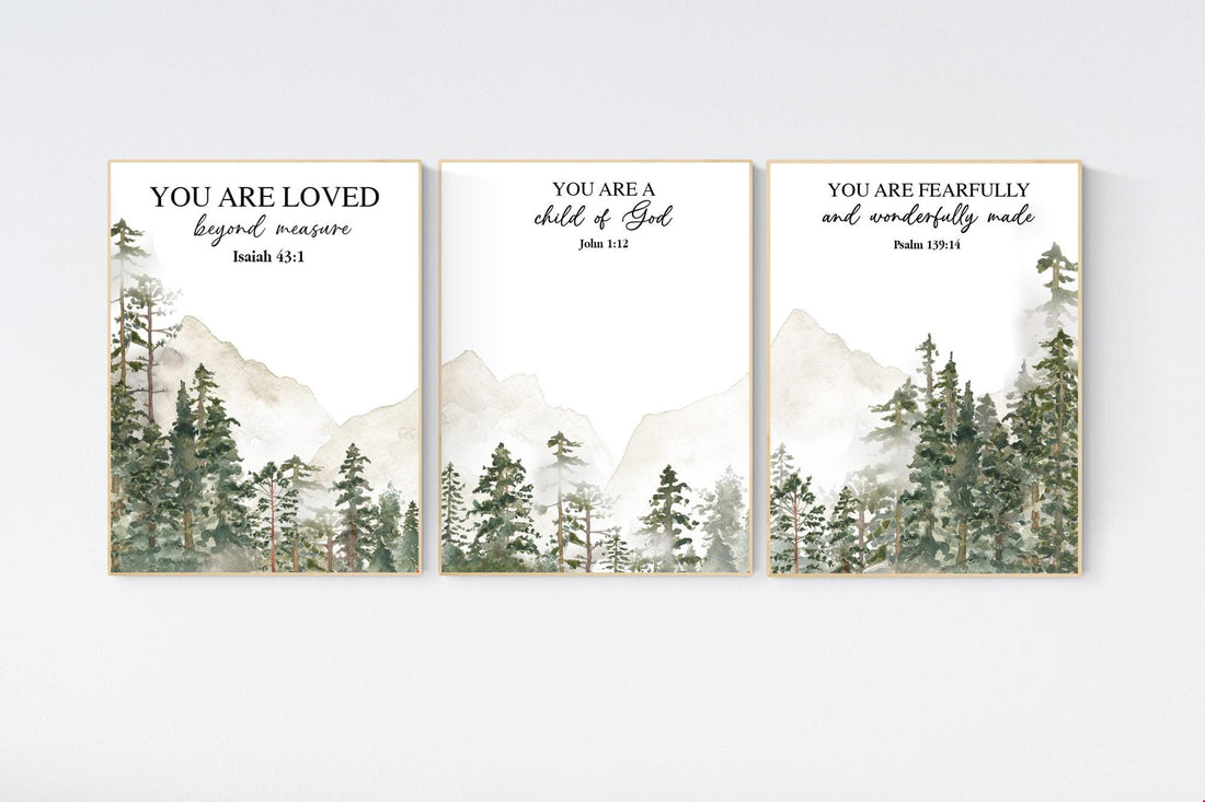 Nursery decor mountain, nursery wall art, tree nursery decor, adventure theme nursery, forest, sage green, bible nursery, verse nursery