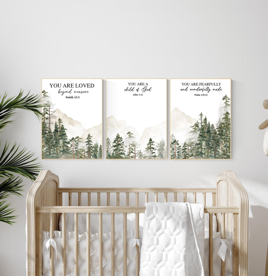 Nursery decor mountain, nursery wall art, tree nursery decor, adventure theme nursery, forest, sage green, bible nursery, verse nursery