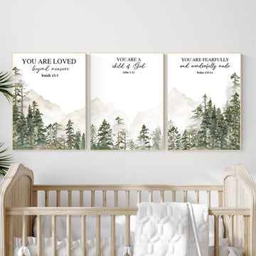 Nursery decor mountain, nursery wall art, tree nursery decor, adventure theme nursery, forest, sage green, bible nursery, verse nursery