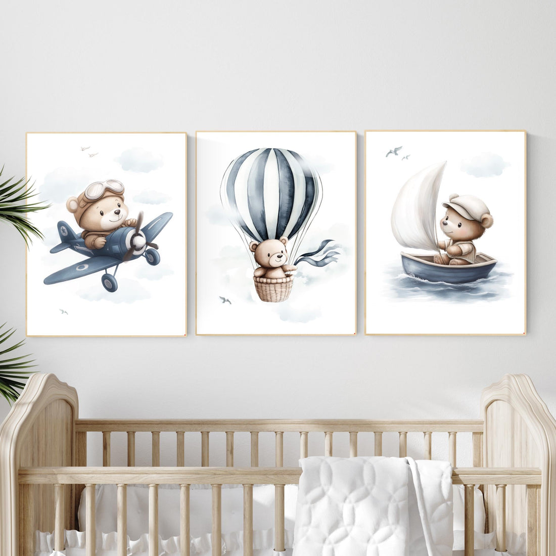 Blue Bear Adventure Nursery Prints: Airplane, Balloon, Boat - Set of 3