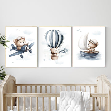 Blue Bear Adventure Nursery Prints: Airplane, Balloon, Boat - Set of 3