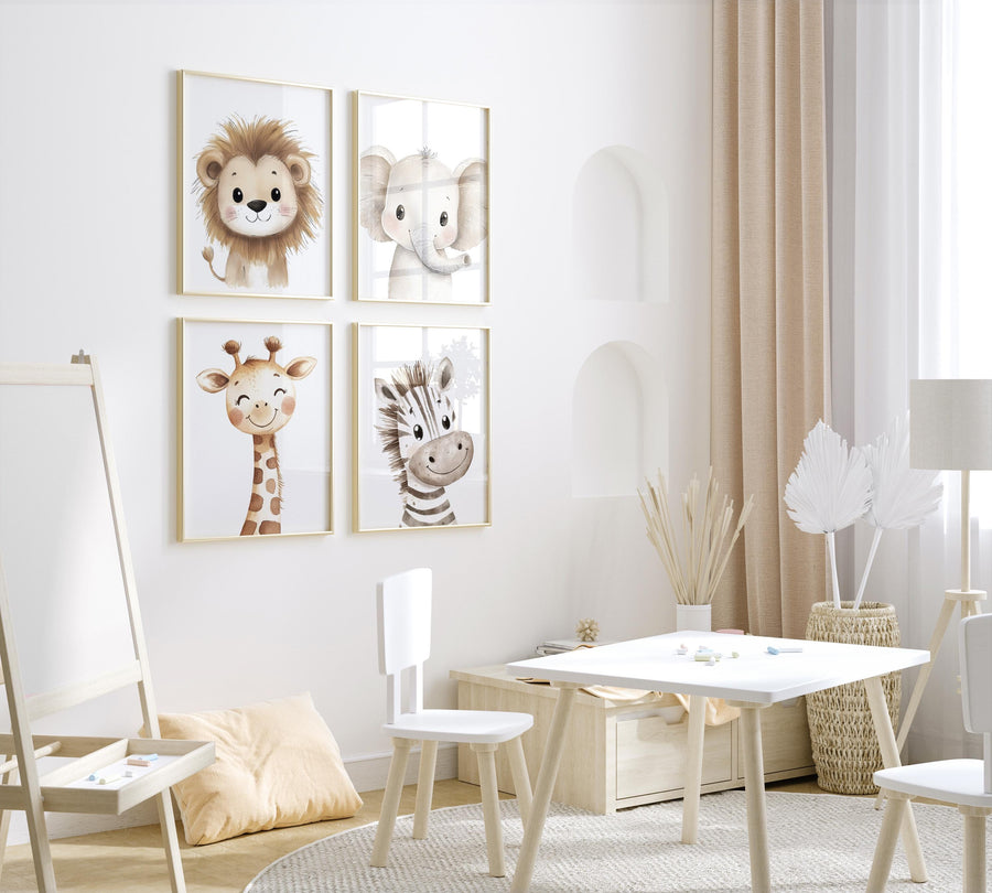 Safari Nursery Wall Art – Lion, Elephant, Giraffe, Zebra Prints – Set of 4 Jungle Animal Posters – Neutral Baby Room Safari Decor
