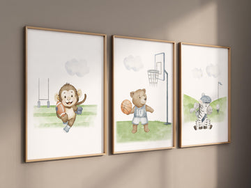 Sports Nursery Prints: Football Monkey, Basketball Bear, Golf Zebra