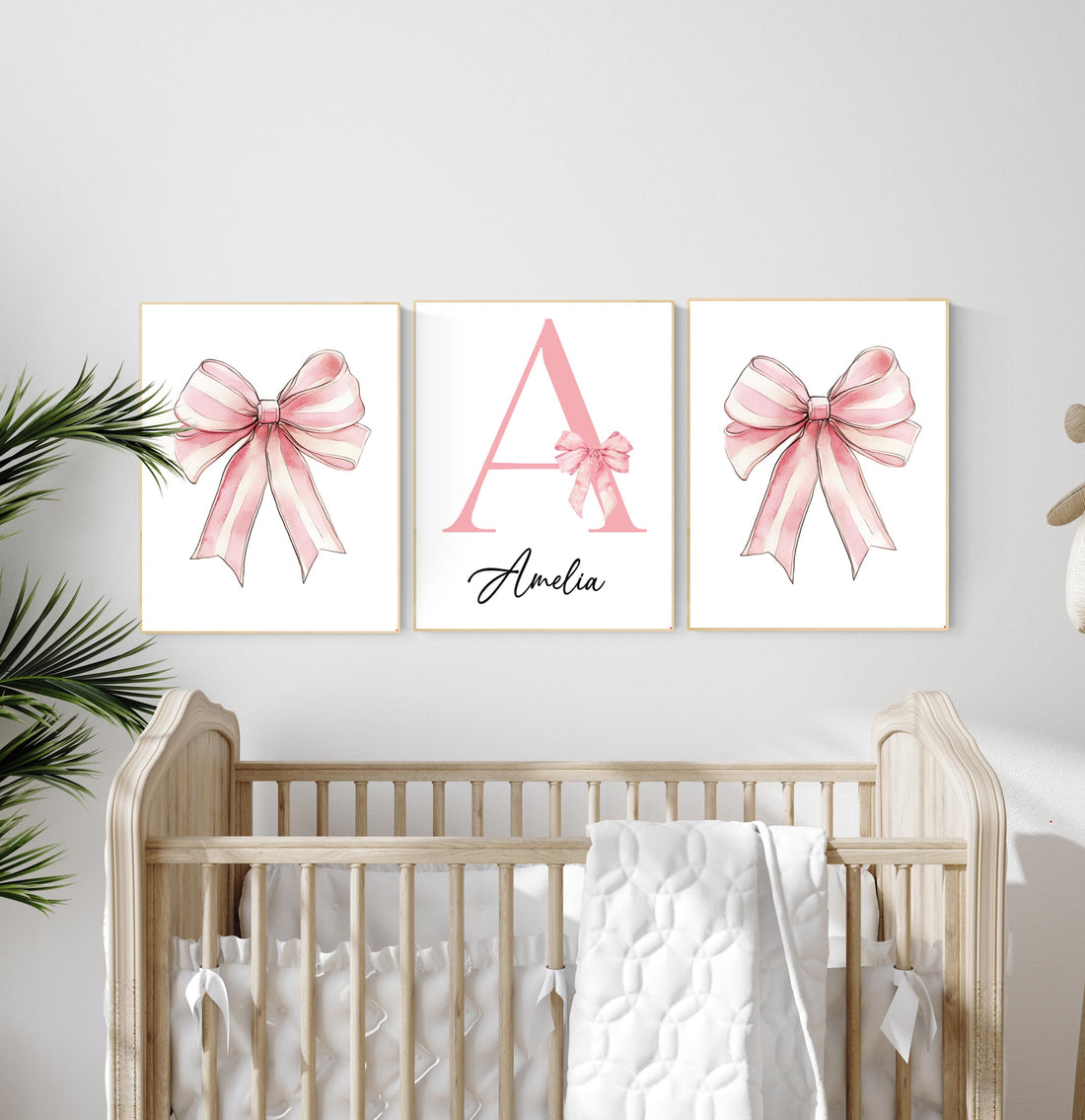 Personalized Baby Girl Nursery Art: Pink Bow Monogram Print Set