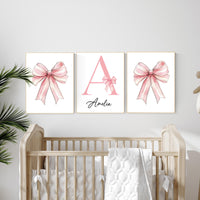 Personalized Baby Girl Nursery Art: Pink Bow Monogram Print Set