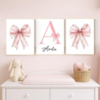 Personalized Baby Girl Nursery Art: Pink Bow Monogram Print Set