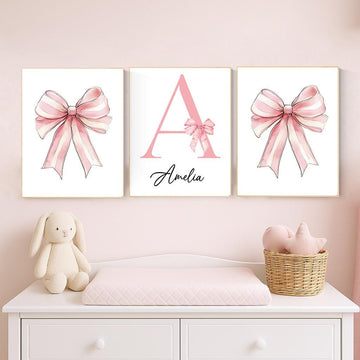 Personalized Baby Girl Nursery Art: Pink Bow Monogram Print Set