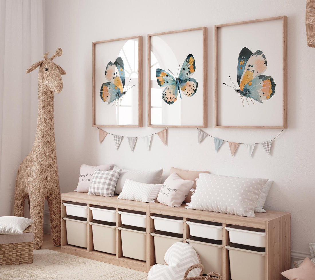 Teal & Orange Butterfly Watercolor Print Set: Boho Nursery Wall Art