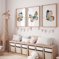 Teal & Orange Butterfly Watercolor Print Set: Boho Nursery Wall Art