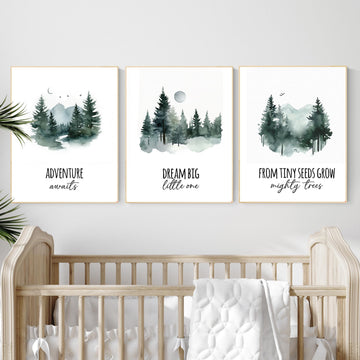 Woodland Nursery Art Prints: Adventure Awaits, Dream Big, Mighty Trees - Set of 3