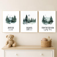 Woodland Nursery Art Prints: Adventure Awaits, Dream Big, Mighty Trees - Set of 3