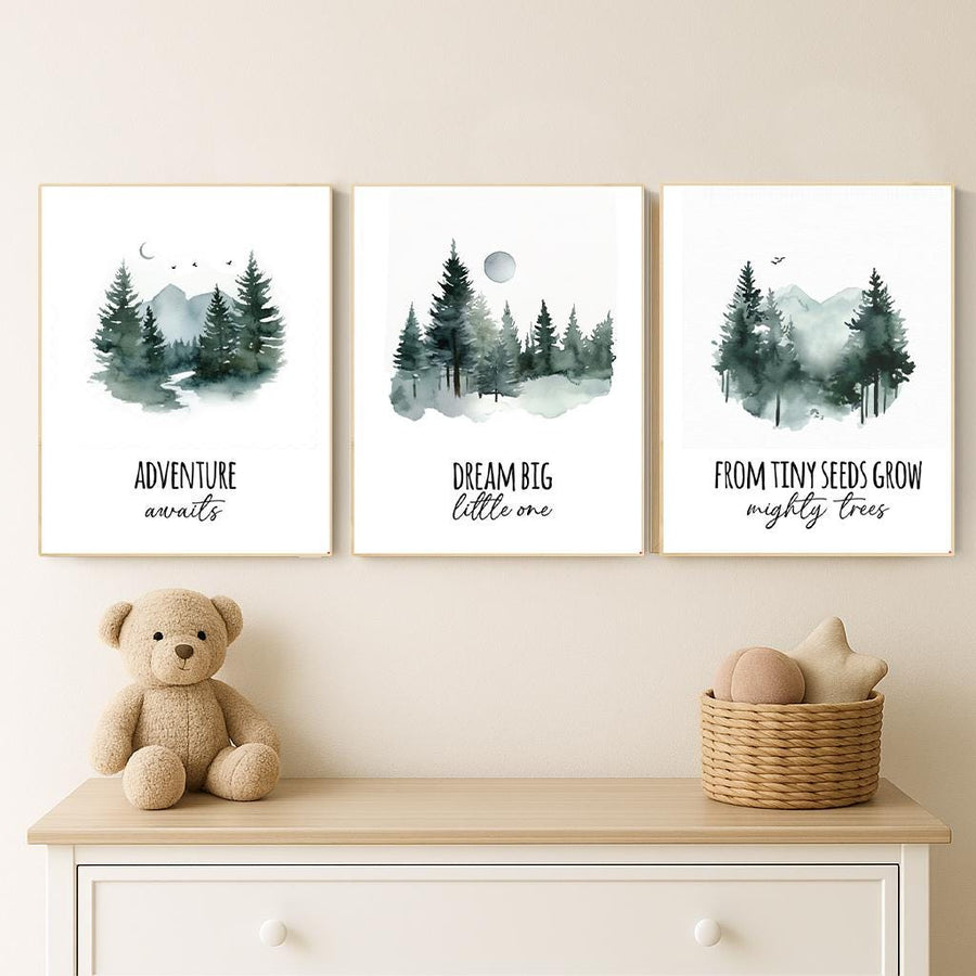 Woodland Nursery Art Prints: Adventure Awaits, Dream Big, Mighty Trees - Set of 3