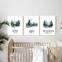 Woodland Nursery Art Prints: Adventure Awaits, Dream Big, Mighty Trees - Set of 3