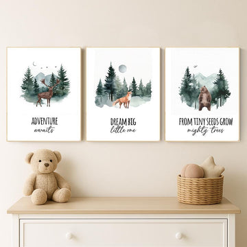 Woodland Nursery Prints: Bear, Deer, Fox - Forest Animal Art (Set of 3