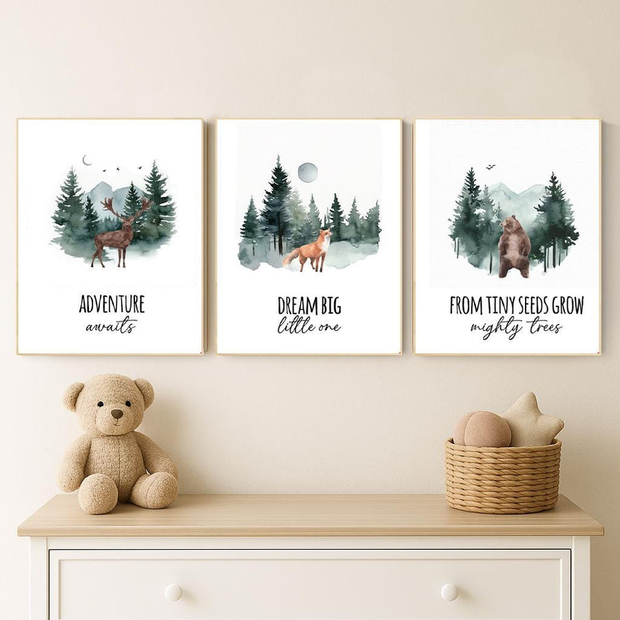 Woodland Nursery Prints: Bear, Deer, Fox - Forest Animal Art (Set of 3