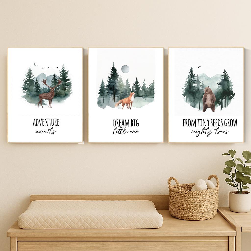 Woodland Nursery Prints: Bear, Deer, Fox - Forest Animal Art (Set of 3
