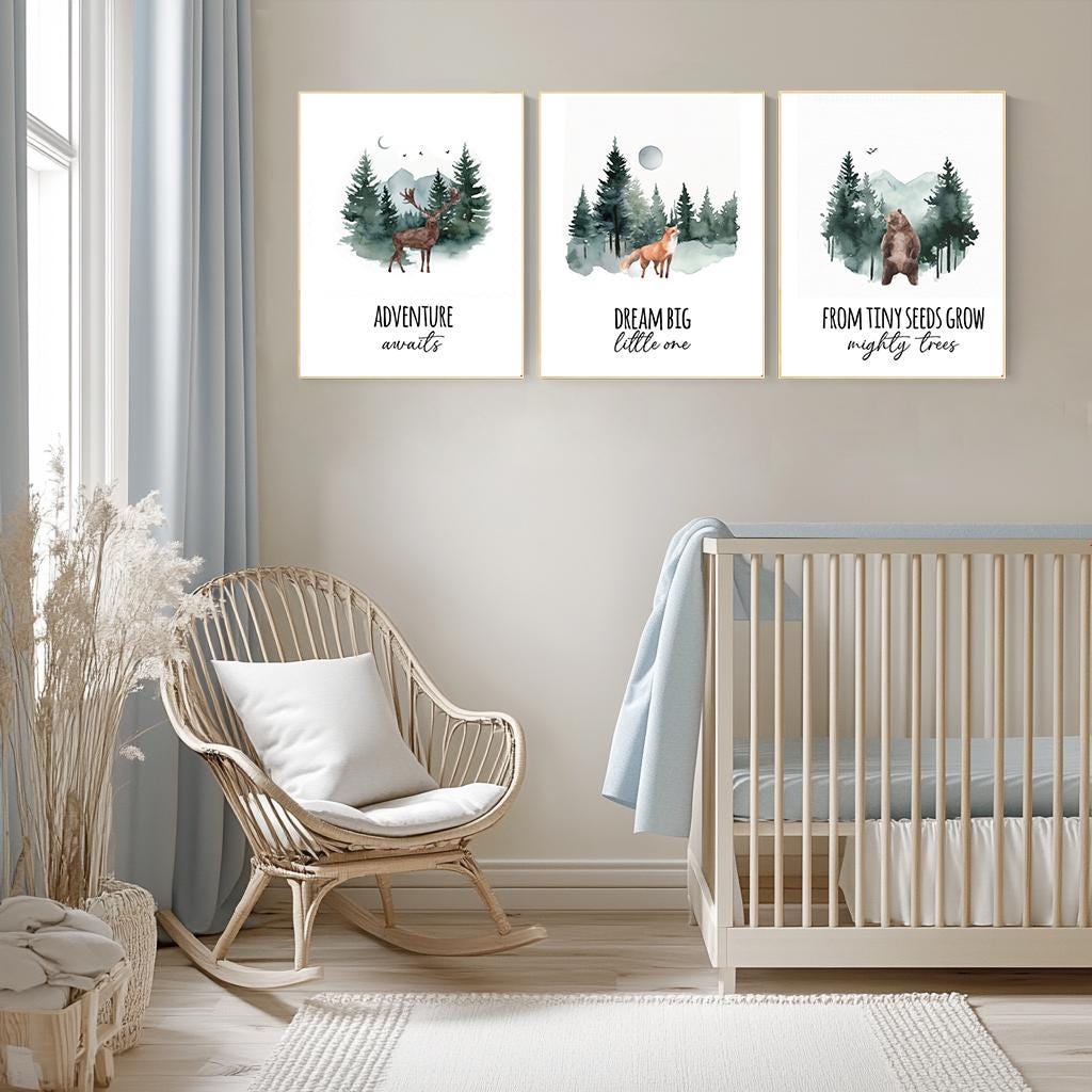 Woodland Nursery Prints: Bear, Deer, Fox - Forest Animal Art (Set of 3