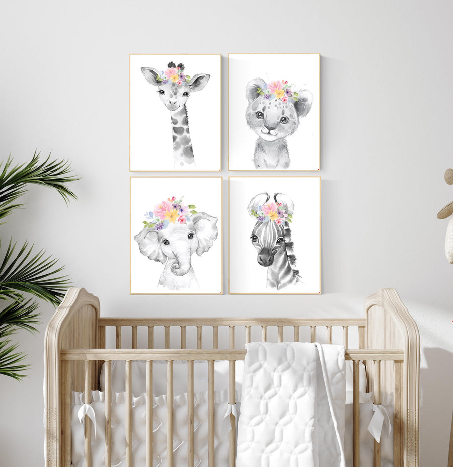 Floral Safari Animal Nursery Print: Pink Elephant Decor