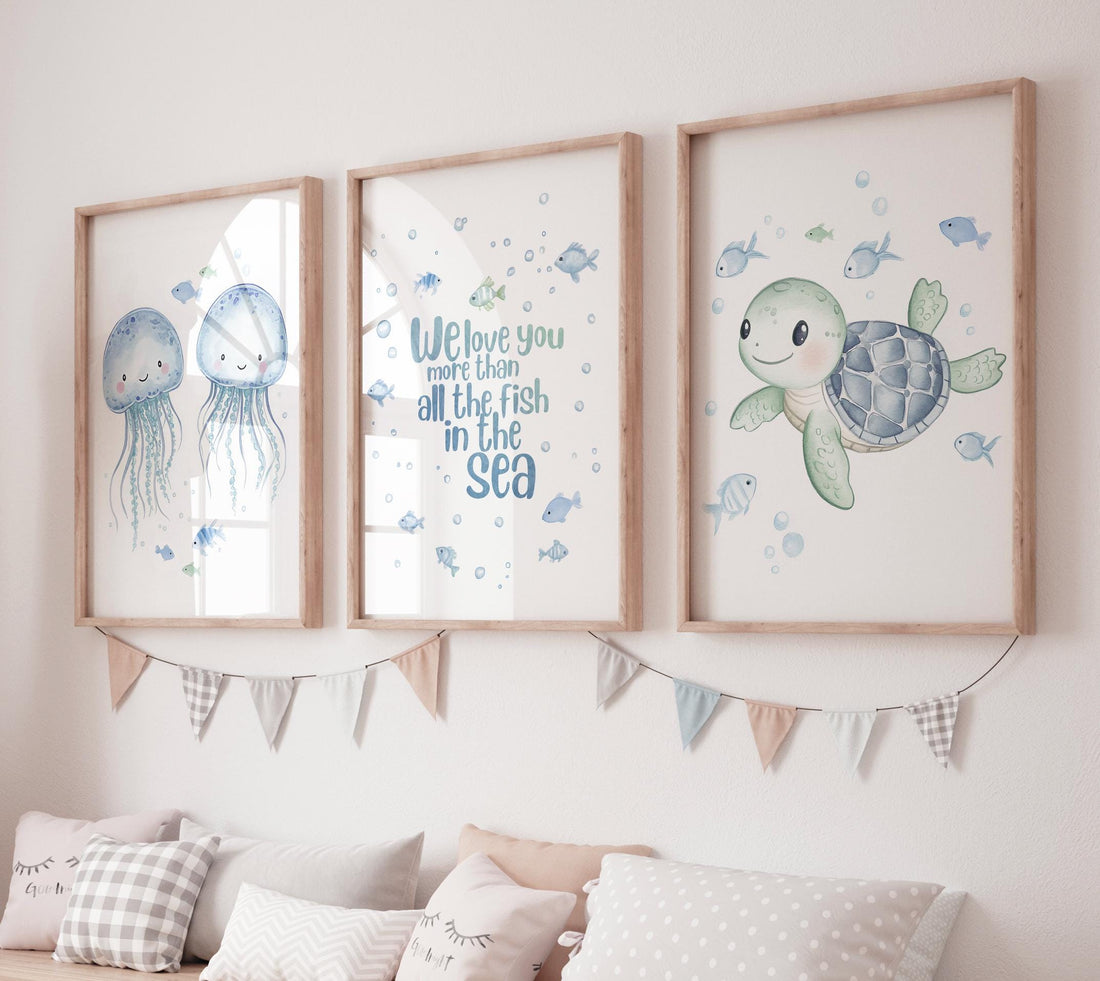 Watercolor Sea Animal Nursery Art: Jellyfish & Turtle Prints