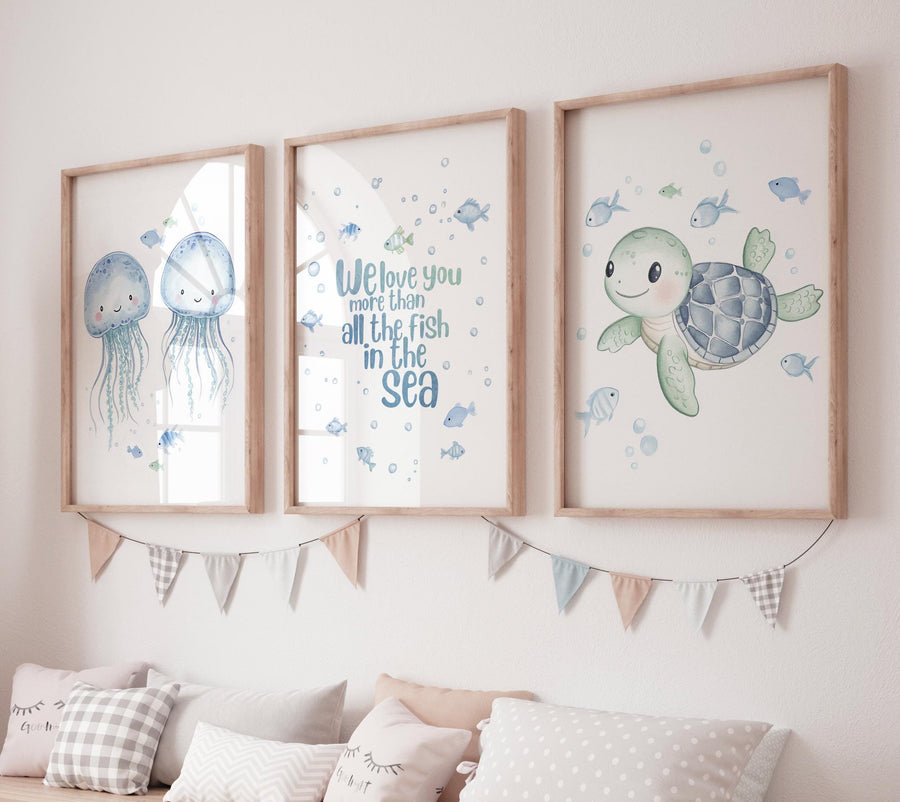 Watercolor Sea Animal Nursery Art: Jellyfish & Turtle Prints