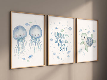 Watercolor Sea Animal Nursery Art: Jellyfish & Turtle Prints