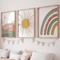 Boho Nursery Print: Rainbow, Sun & Moon - Earth Tone Abstract Art
