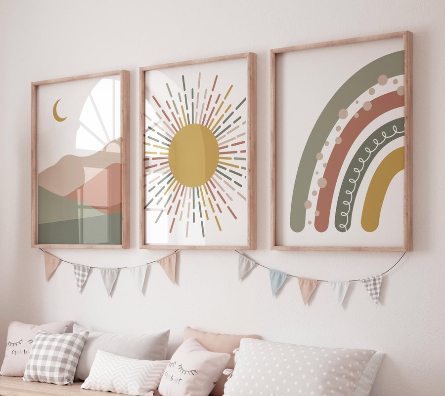Boho Nursery Print: Rainbow, Sun & Moon - Earth Tone Abstract Art