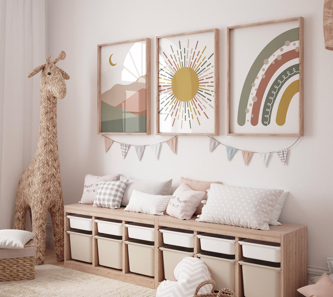 Boho Nursery Print: Rainbow, Sun & Moon - Earth Tone Abstract Art