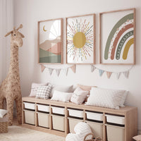 Boho Nursery Print: Rainbow, Sun & Moon - Earth Tone Abstract Art